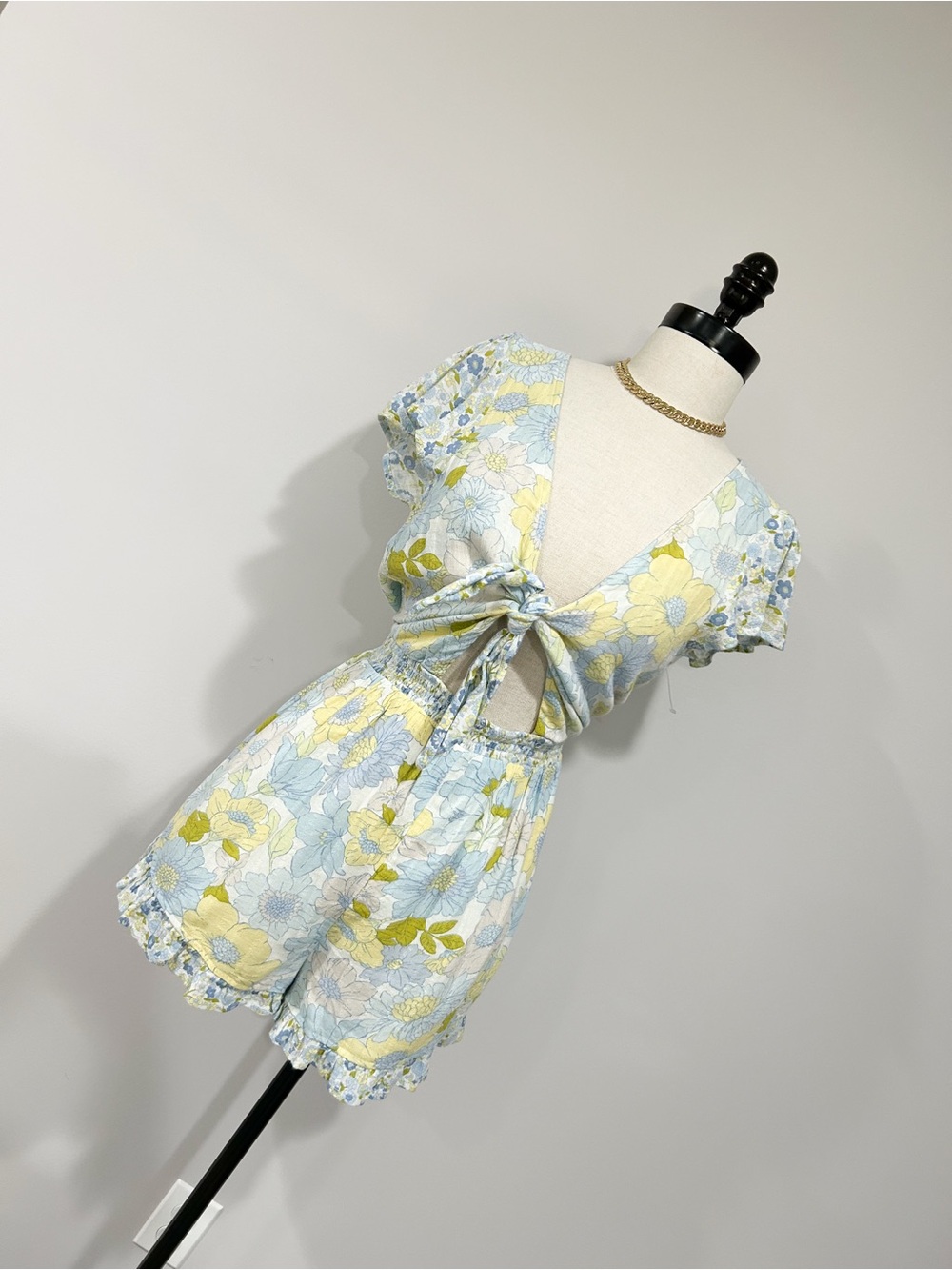 American Eagle Outfitters Floral Tie-Front Romper in Light Blue and Yellow